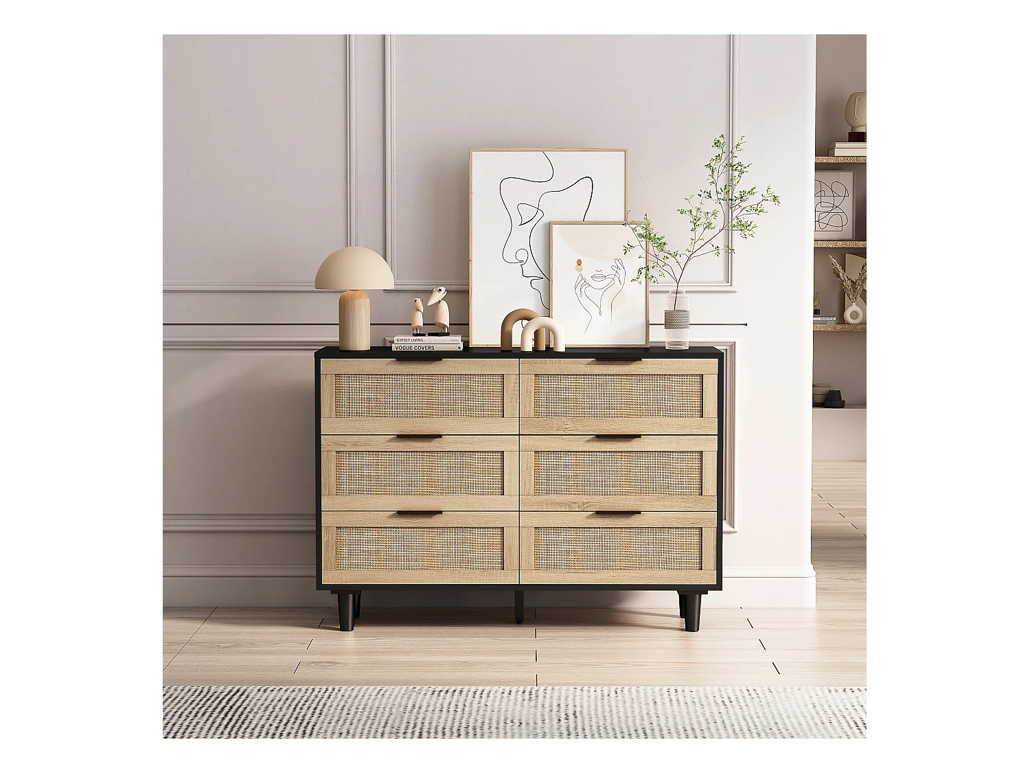 Buffet élégant noir effet bois 6 tiroirs avec rotin