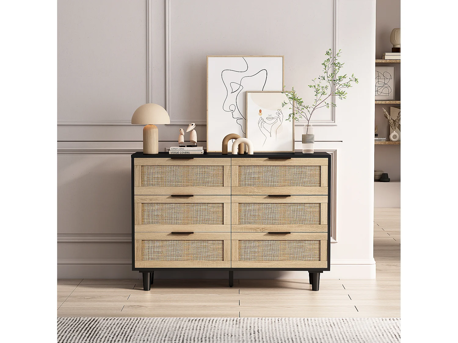 Buffet élégant noir effet bois 6 tiroirs avec rotin