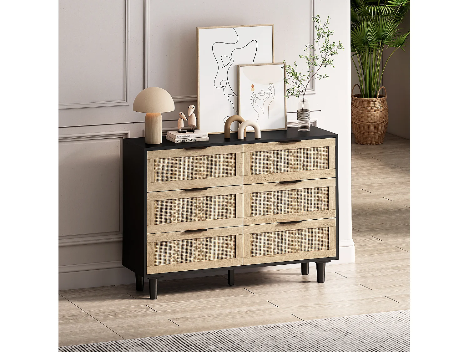 Buffet élégant noir effet bois 6 tiroirs avec rotin