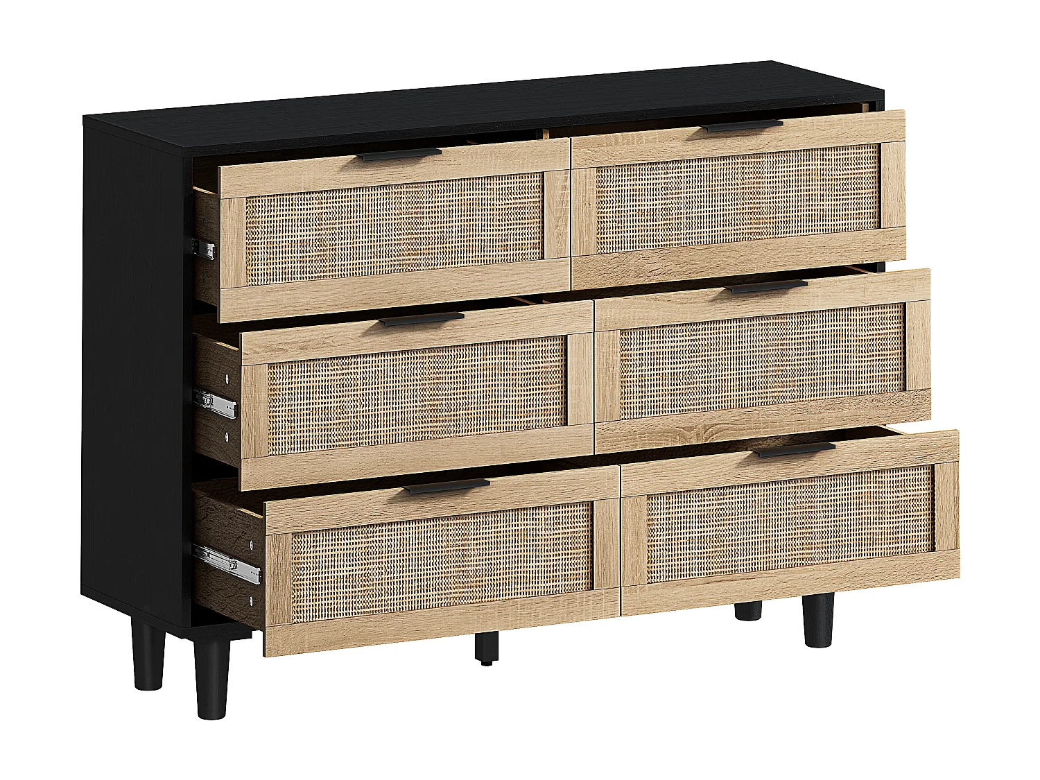 Buffet élégant noir effet bois 6 tiroirs avec rotin
