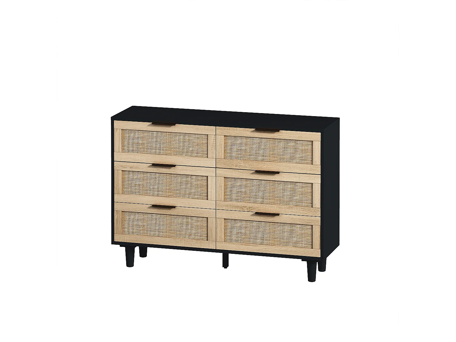 Buffet élégant noir effet bois 6 tiroirs avec rotin