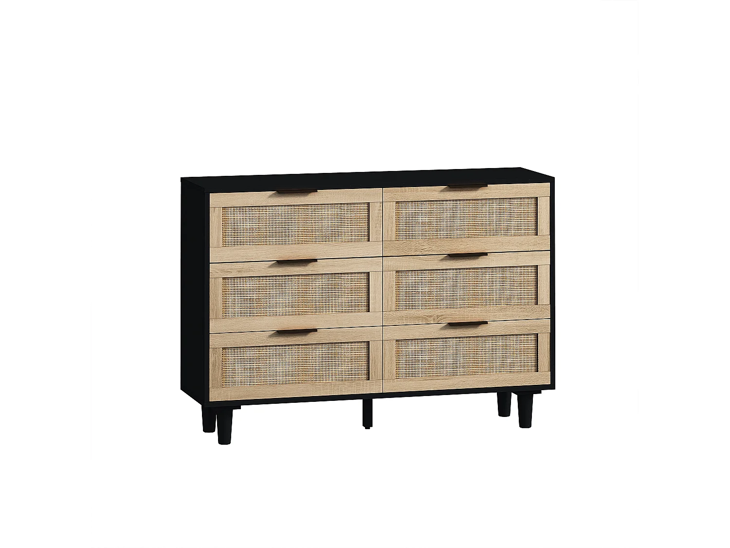 Buffet élégant noir effet bois 6 tiroirs avec rotin