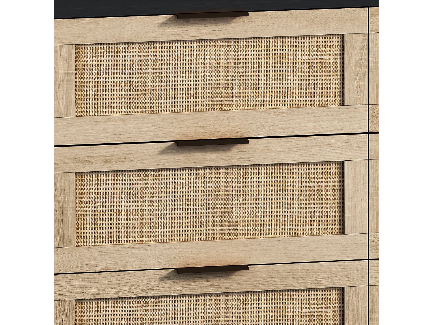 Buffet élégant noir effet bois 6 tiroirs avec rotin