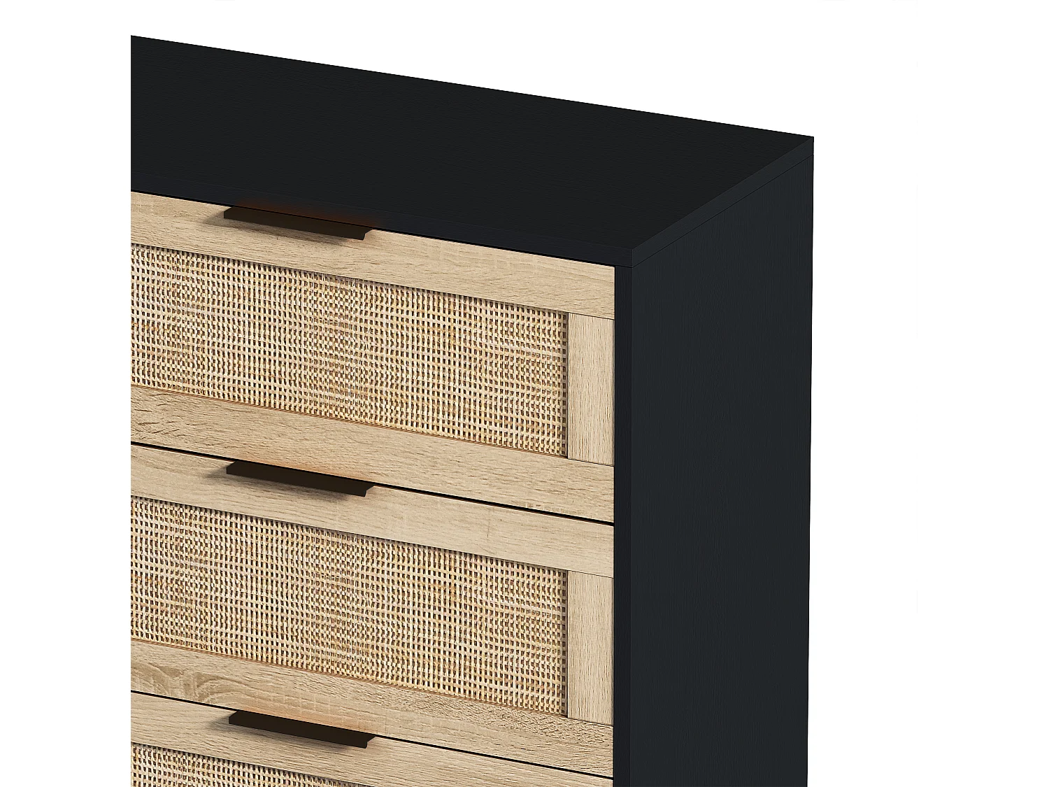 Buffet élégant noir effet bois 6 tiroirs avec rotin