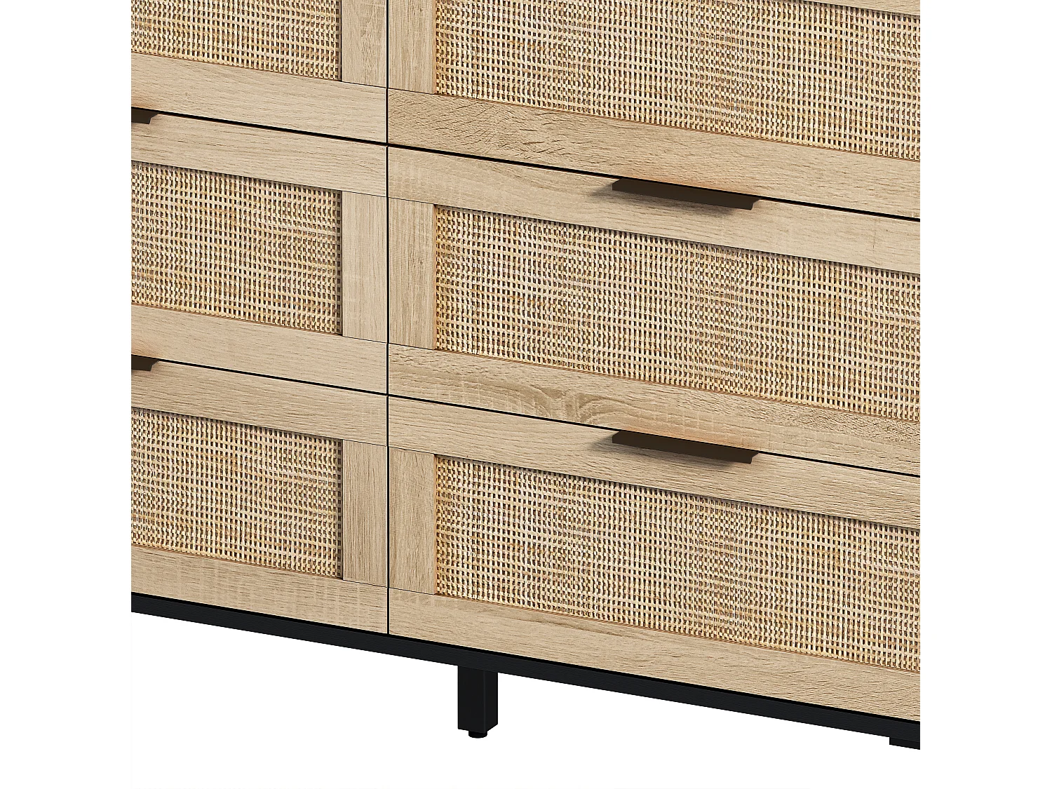 Buffet élégant noir effet bois 6 tiroirs avec rotin