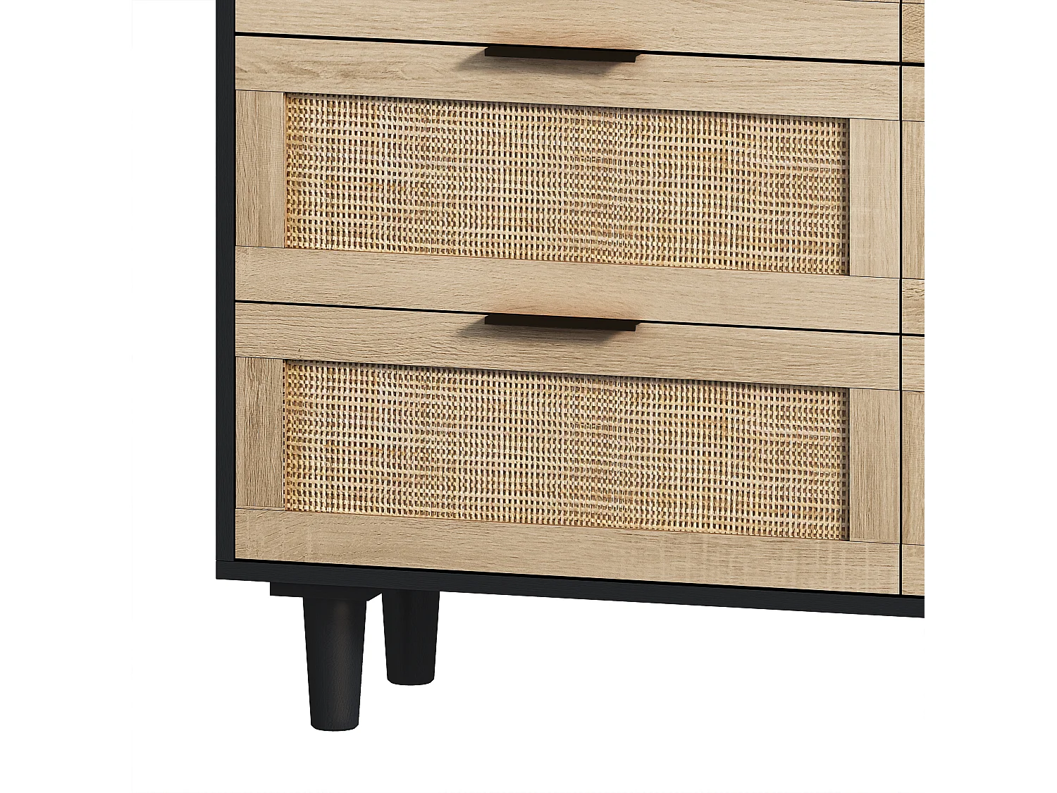 Buffet élégant noir effet bois 6 tiroirs avec rotin