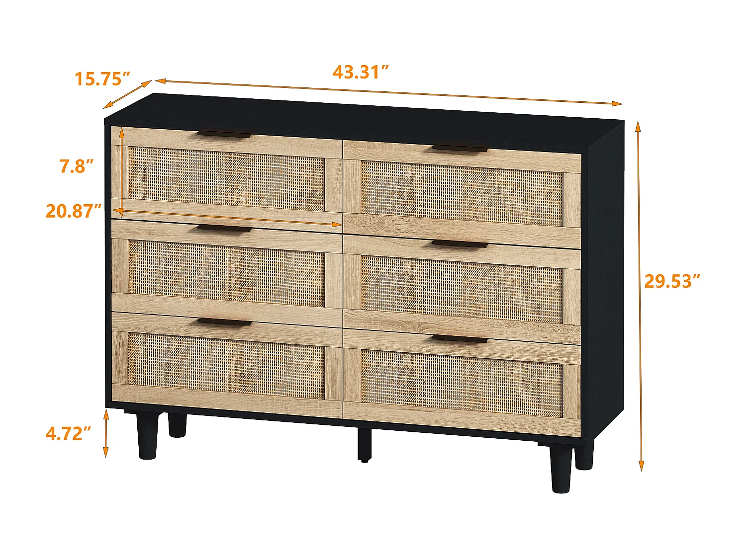 Buffet élégant noir effet bois 6 tiroirs avec rotin