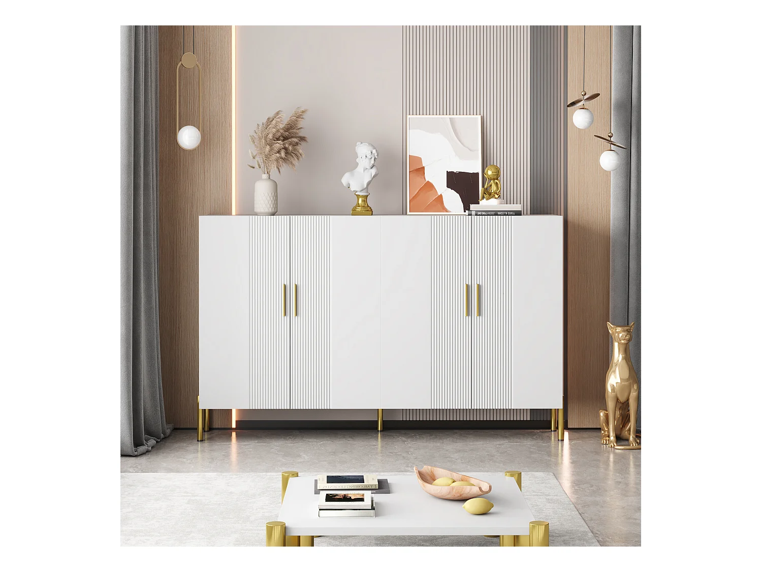 Buffet multifonctionnelle moderne blanc mat 4 portes poignets et pieds dorée 160*35*100 cm