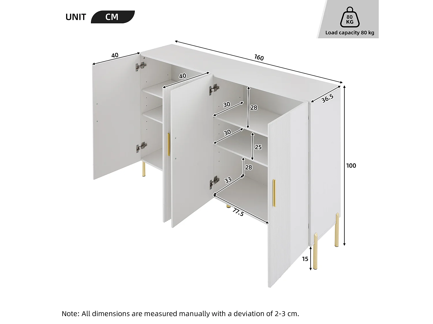 Buffet multifonctionnelle moderne blanc mat 4 portes poignets et pieds dorée 160*35*100 cm
