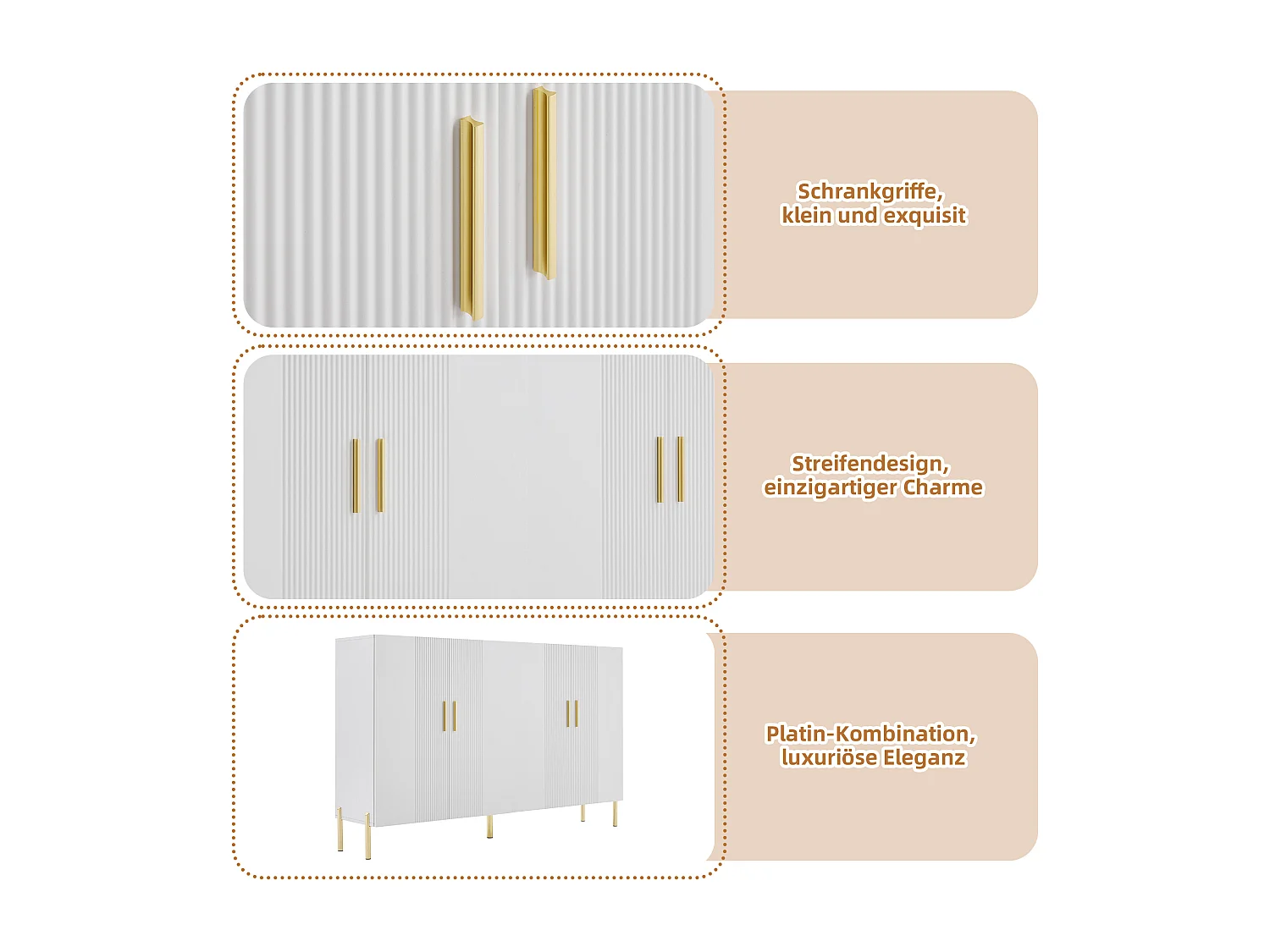 Buffet multifonctionnelle moderne blanc mat 4 portes poignets et pieds dorée 160*35*100 cm