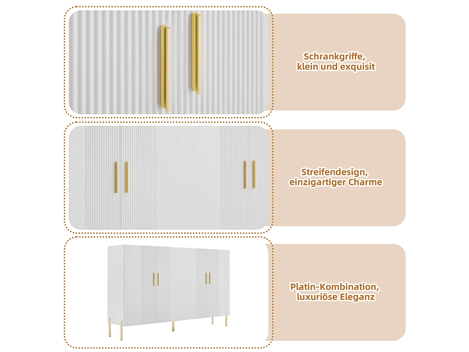 Buffet multifonctionnelle moderne blanc mat 4 portes poignets et pieds dorée 160*35*100 cm