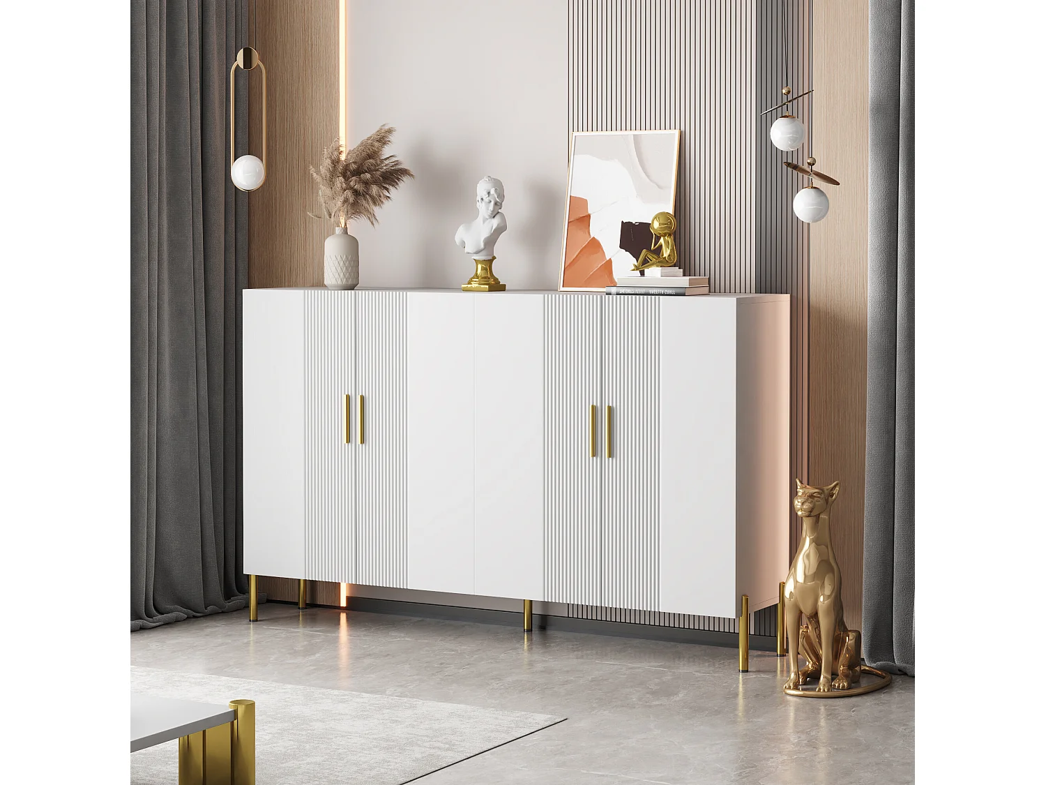 Buffet multifonctionnelle moderne blanc mat 4 portes poignets et pieds dorée 160*35*100 cm