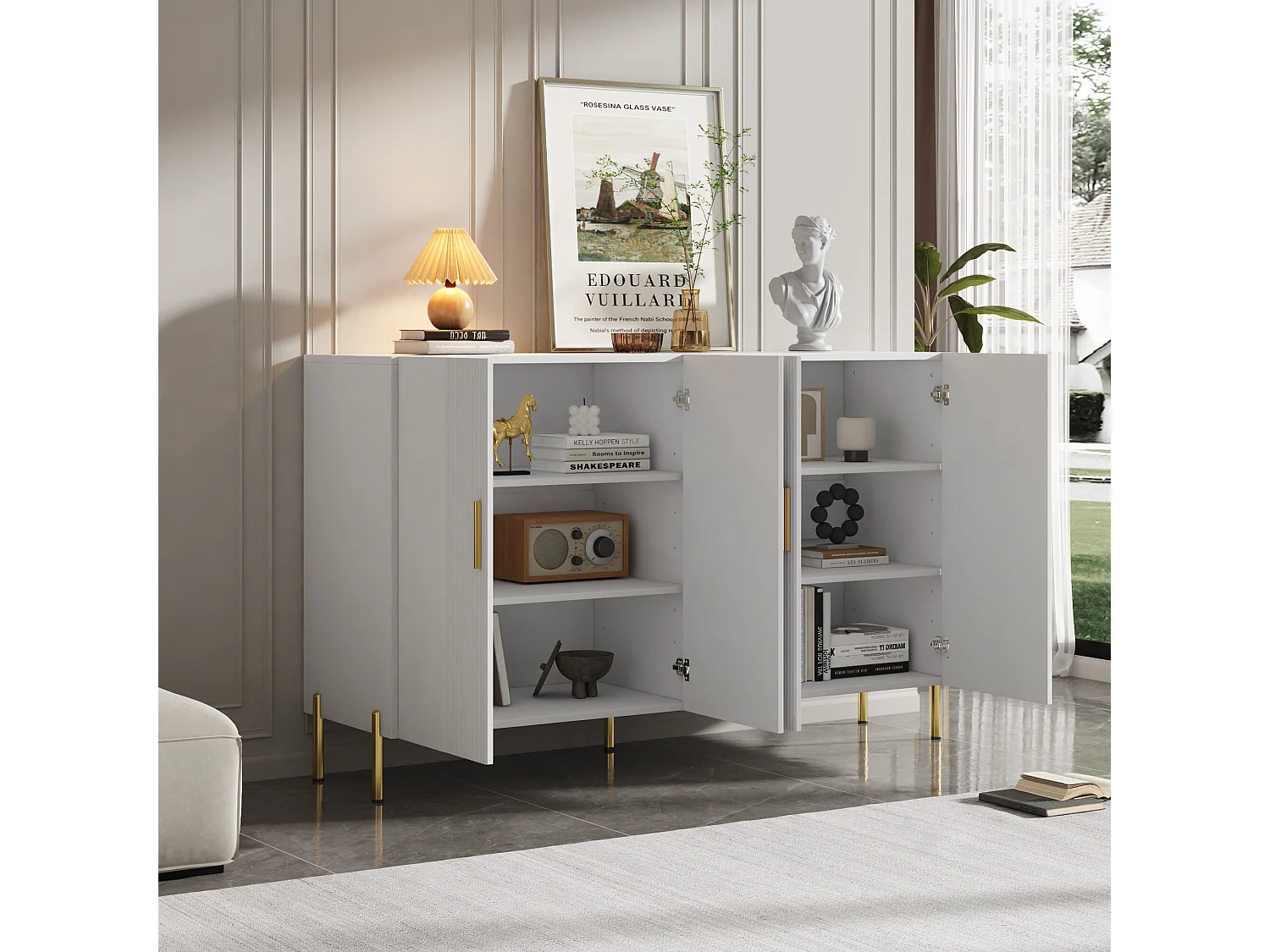 Buffet multifonctionnelle moderne blanc mat 4 portes poignets et pieds dorée 160*35*100 cm