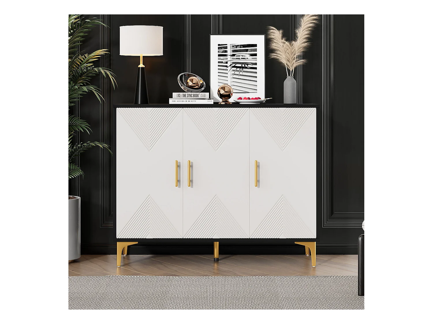 Buffet bohème blanc mat portes rayées poignées et pieds dorés