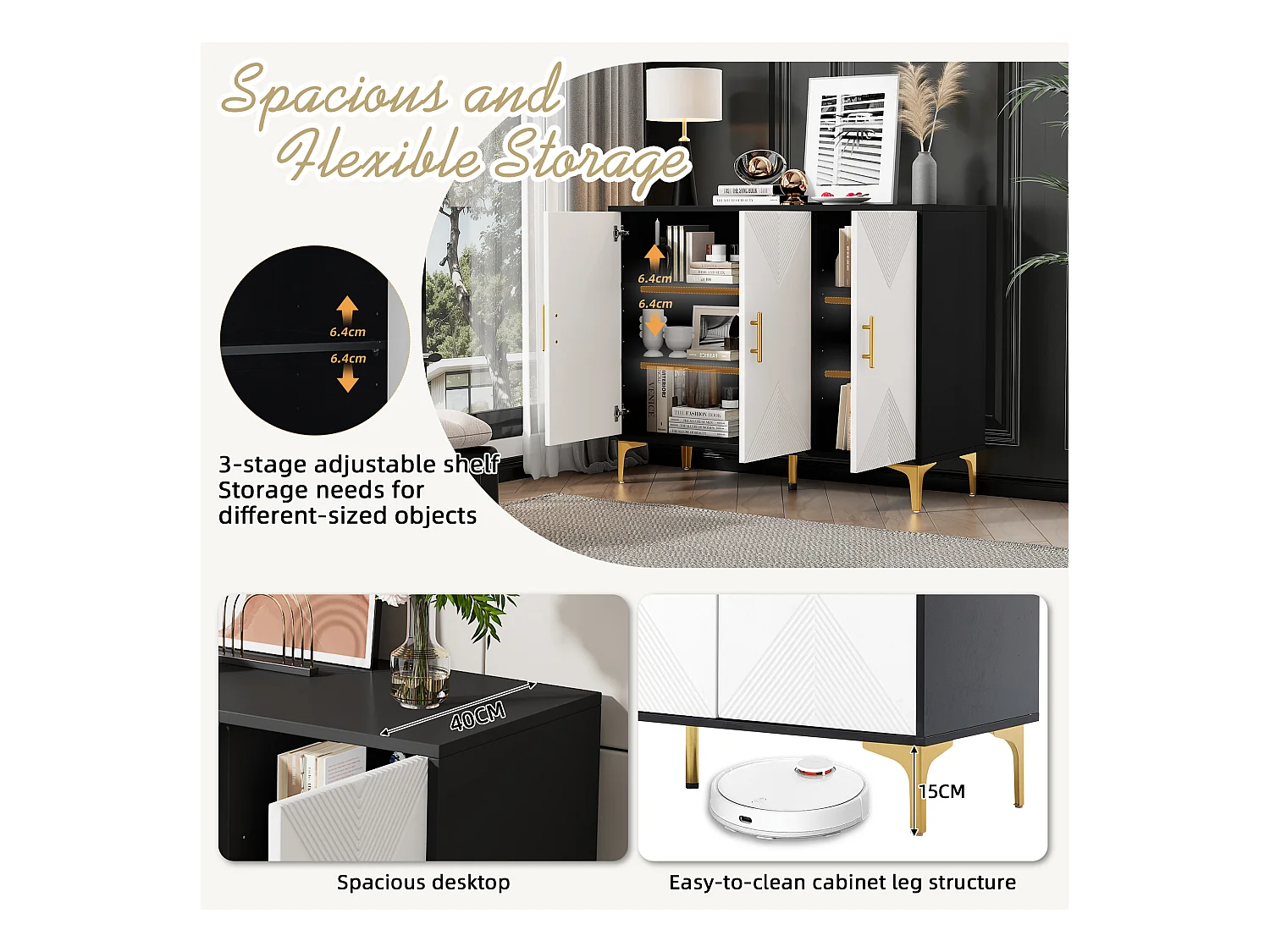 Buffet bohème blanc mat portes rayées poignées et pieds dorés