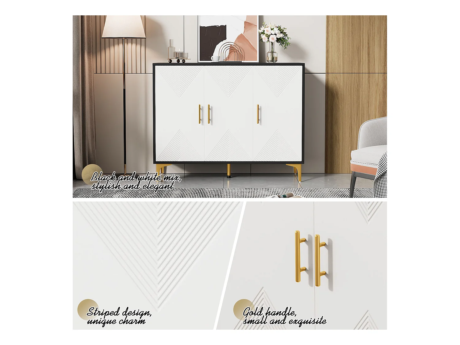 Buffet bohème blanc mat portes rayées poignées et pieds dorés