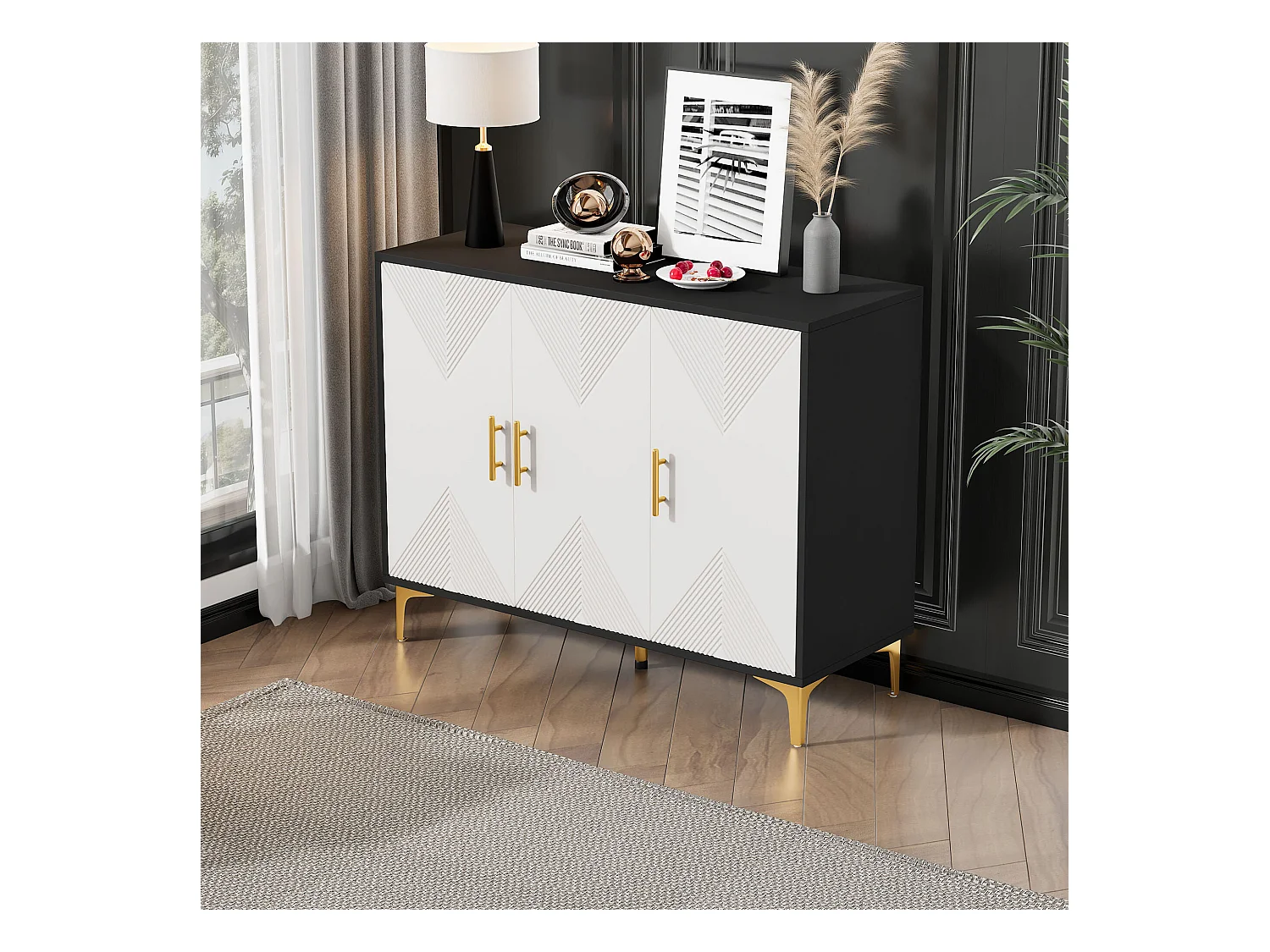 Buffet bohème blanc mat portes rayées poignées et pieds dorés