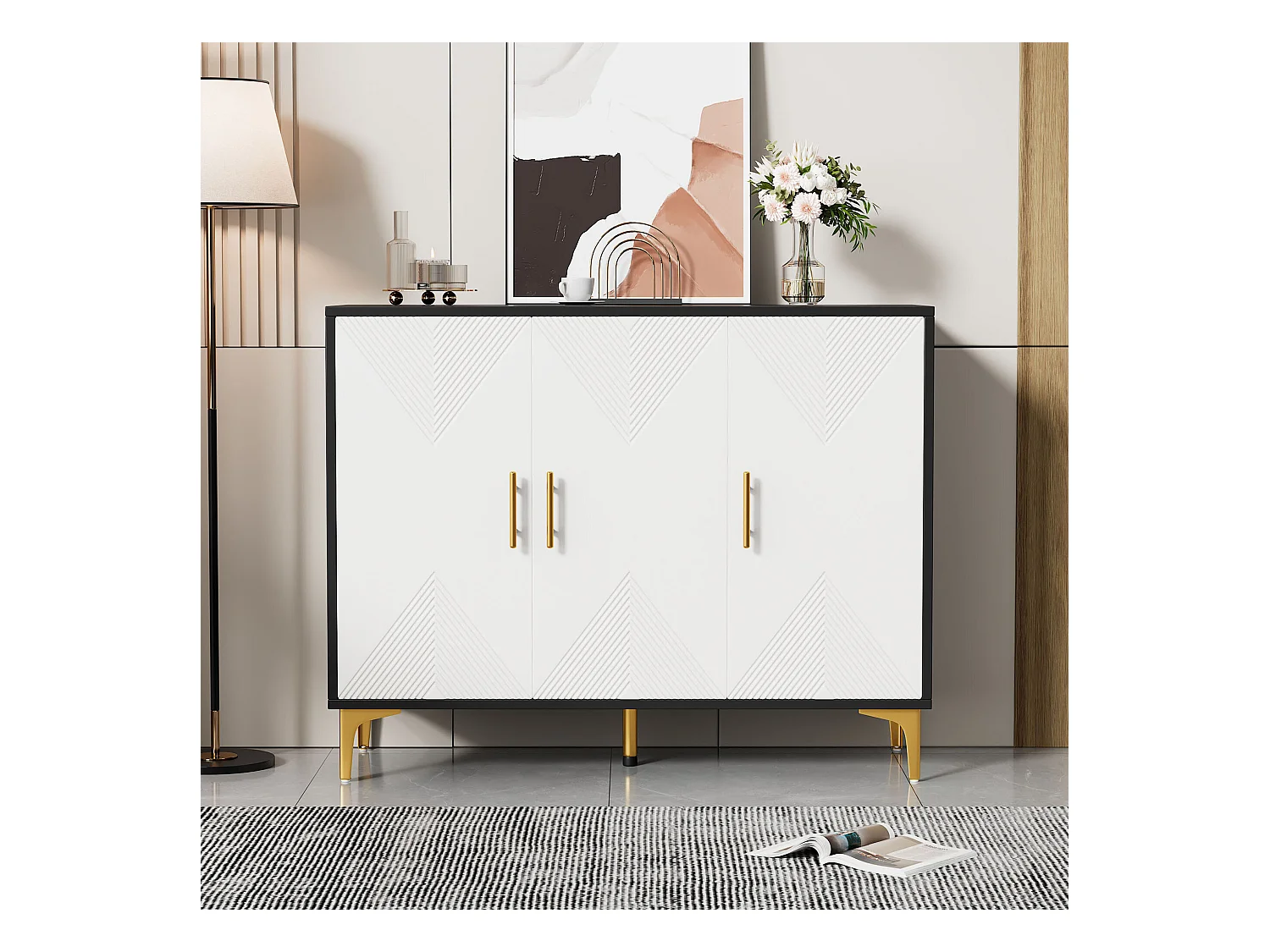 Buffet bohème blanc mat portes rayées poignées et pieds dorés