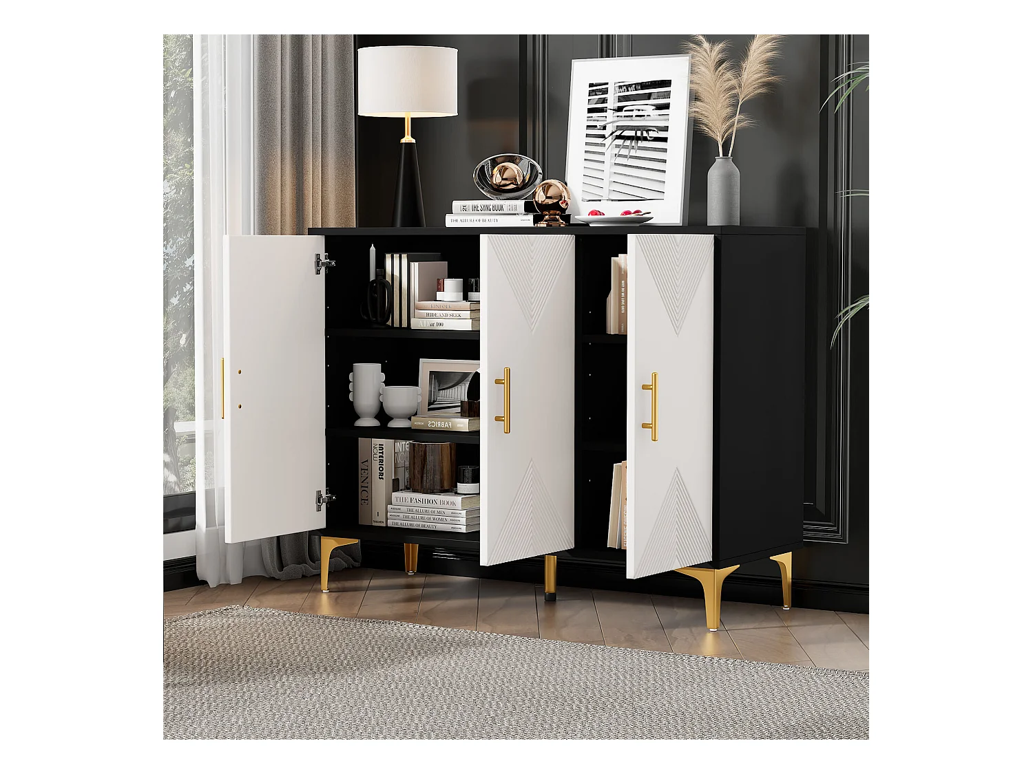 Buffet bohème blanc mat portes rayées poignées et pieds dorés