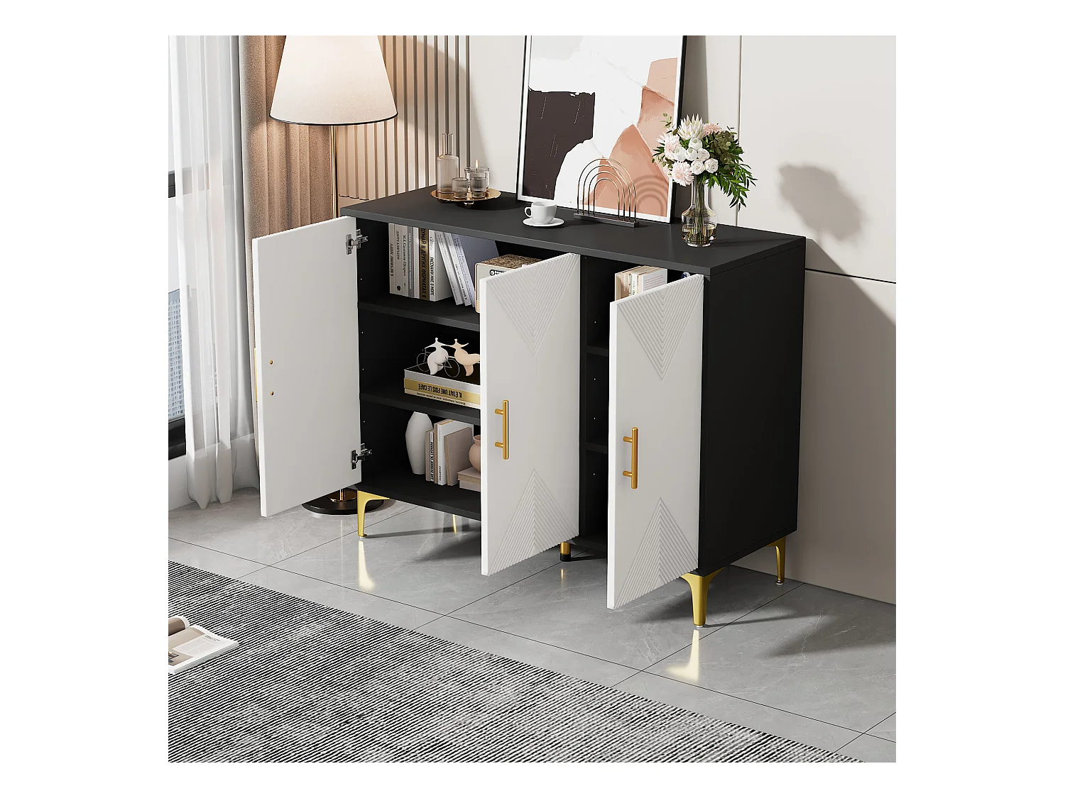 Buffet bohème blanc mat portes rayées poignées et pieds dorés