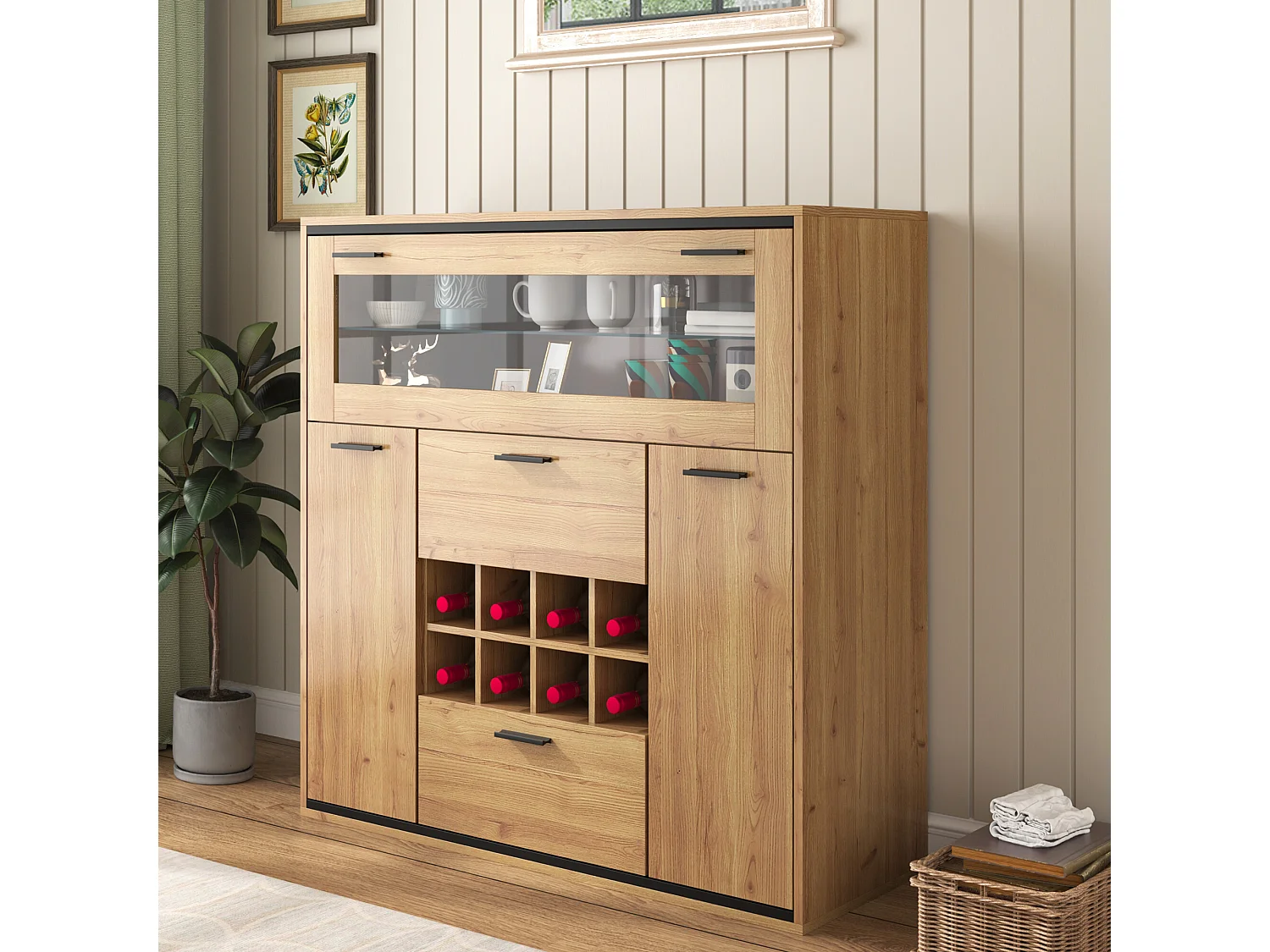 URBAN MEUBLE Buffet haut effet bois porte battante éclairage LED et range bouteuille