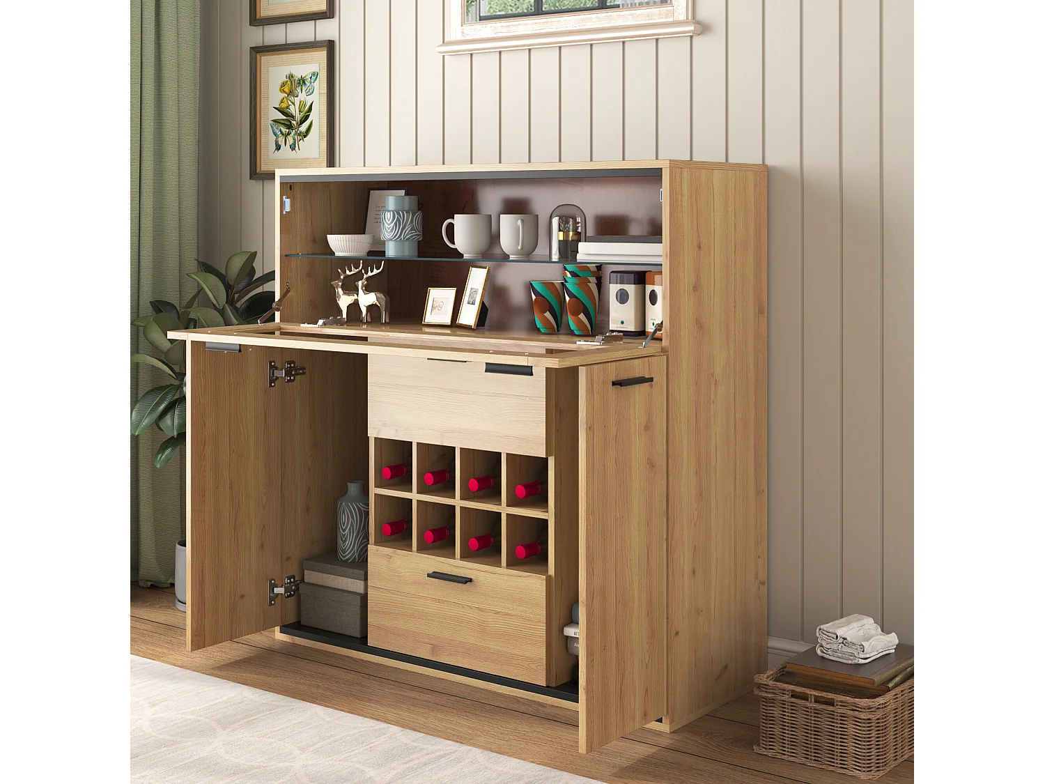 URBAN MEUBLE Buffet haut effet bois porte battante éclairage LED et range bouteuille