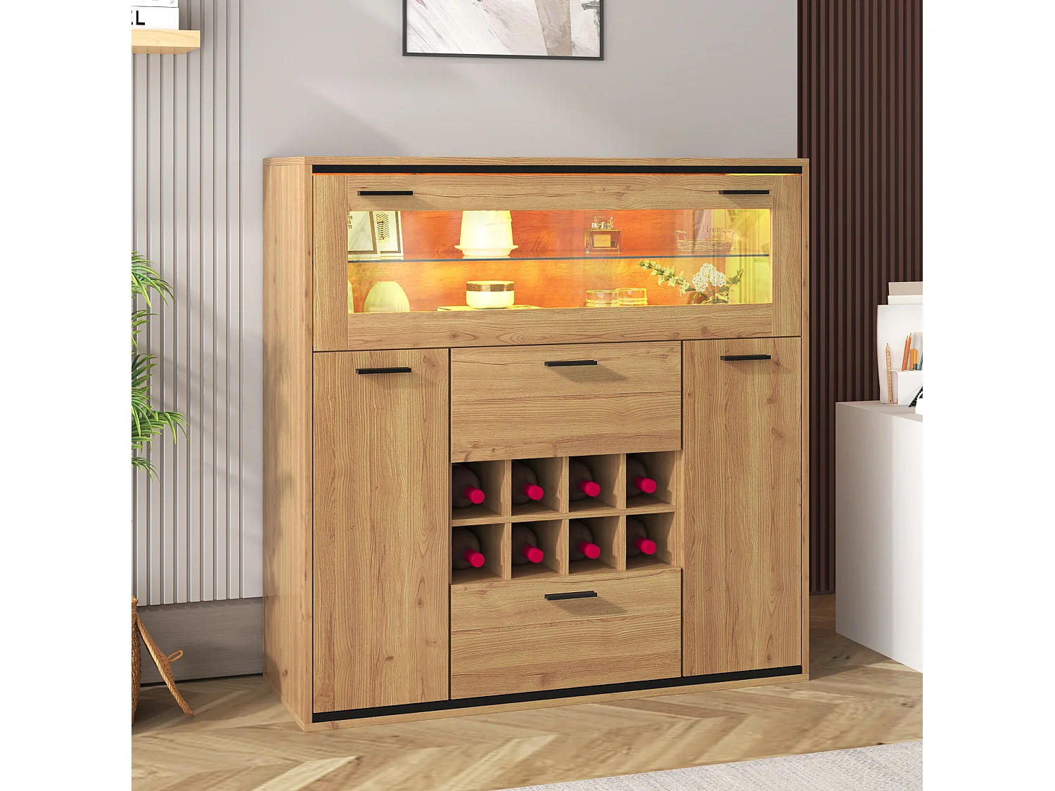URBAN MEUBLE Buffet haut effet bois porte battante éclairage LED et range bouteuille