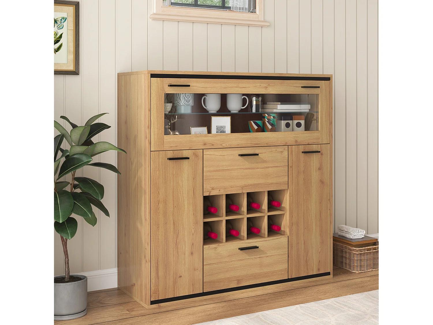 URBAN MEUBLE Buffet haut effet bois porte battante éclairage LED et range bouteuille