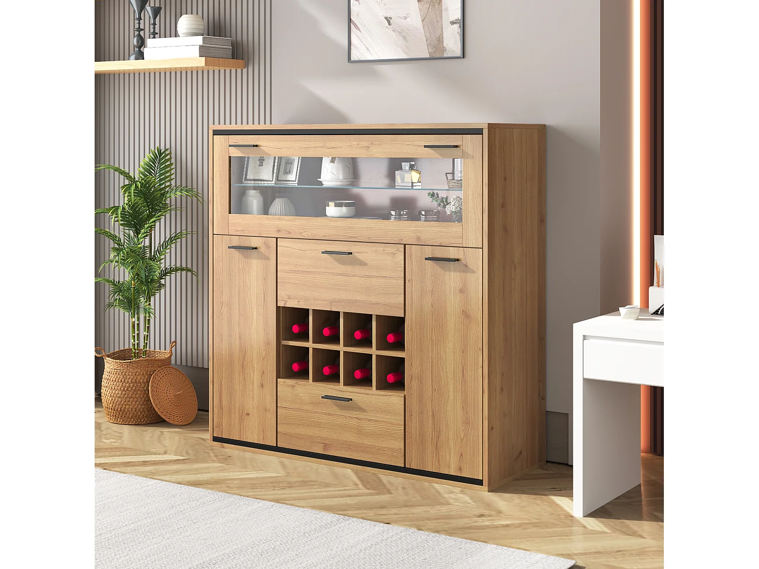 URBAN MEUBLE Buffet haut effet bois porte battante éclairage LED et range bouteuille