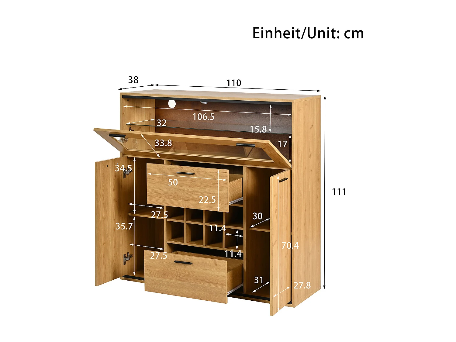 URBAN MEUBLE Buffet haut effet bois porte battante éclairage LED et range bouteuille