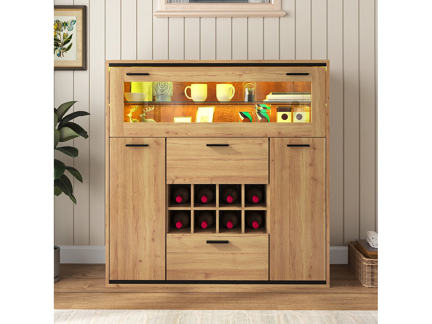 URBAN MEUBLE Buffet haut effet bois porte battante éclairage LED et range bouteuille