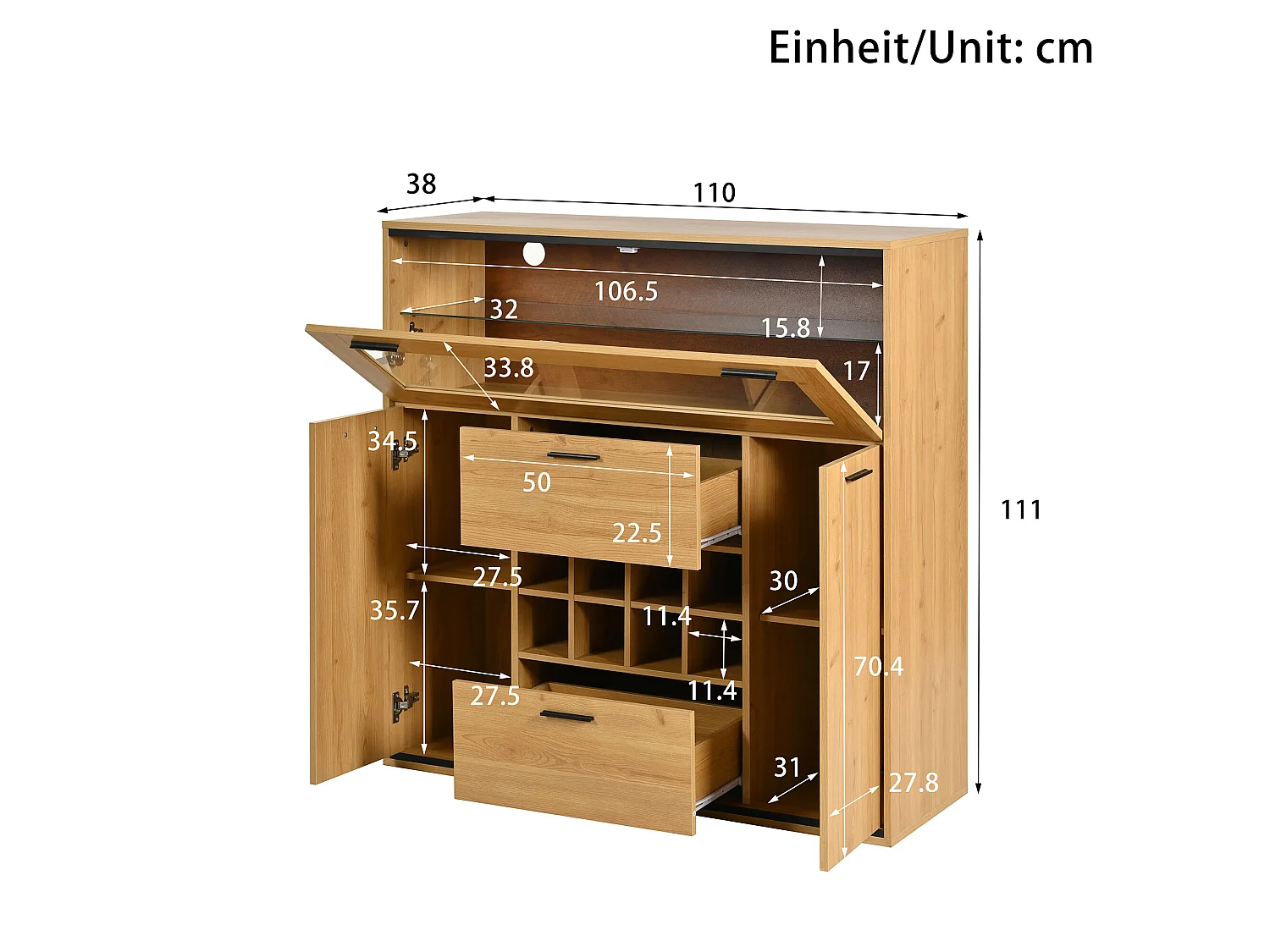 URBAN MEUBLE Buffet haut effet bois porte battante éclairage LED et range bouteuille