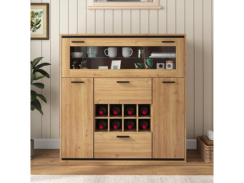 URBAN MEUBLE Buffet haut effet bois porte battante éclairage LED et range bouteuille