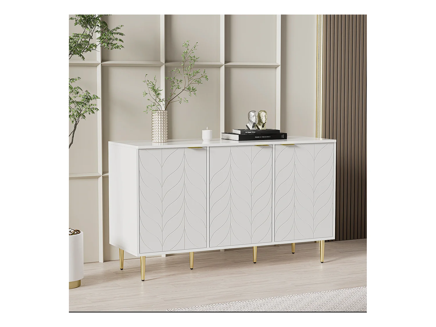 Buffet moderne commode blanc motif floral avec poignées et pieds plaqués d'or laqué, rangement 2 niveaux et 6 compartiments 127L*45P*75H