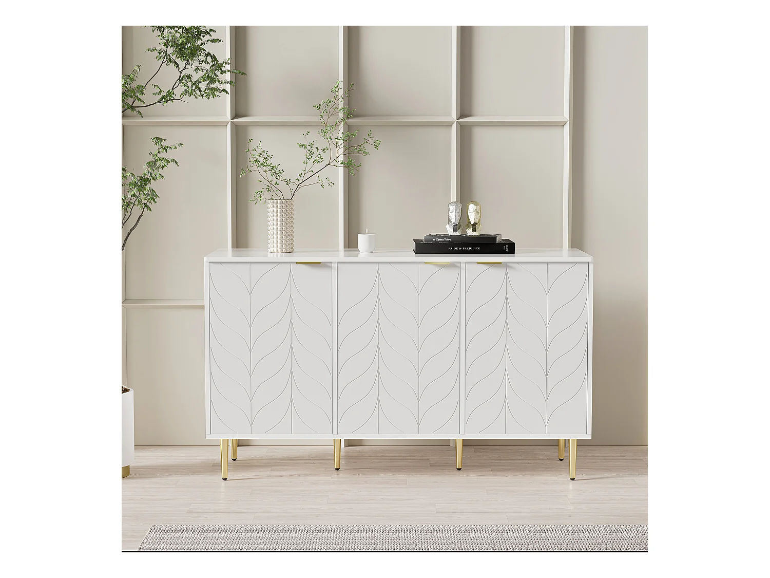 Buffet moderne commode blanc motif floral avec poignées et pieds plaqués d'or laqué, rangement 2 niveaux et 6 compartiments 127L*45P*75H