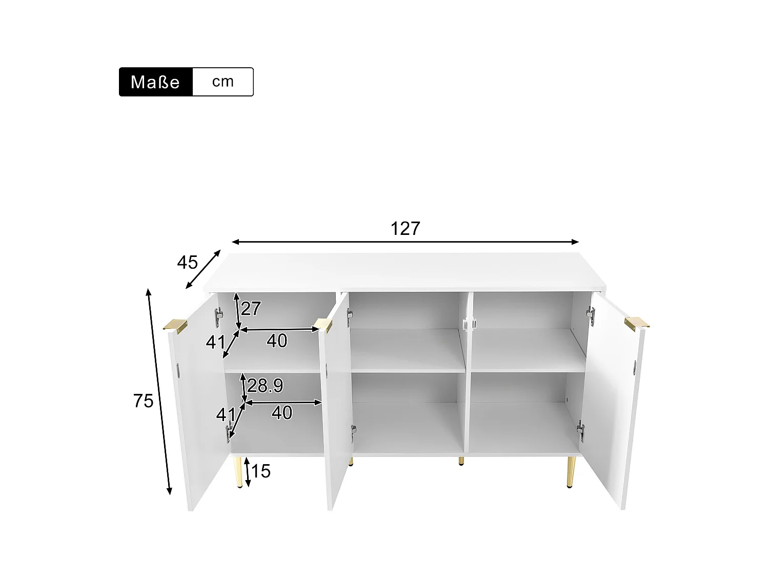 Buffet moderne commode blanc motif floral avec poignées et pieds plaqués d'or laqué, rangement 2 niveaux et 6 compartiments 127L*45P*75H
