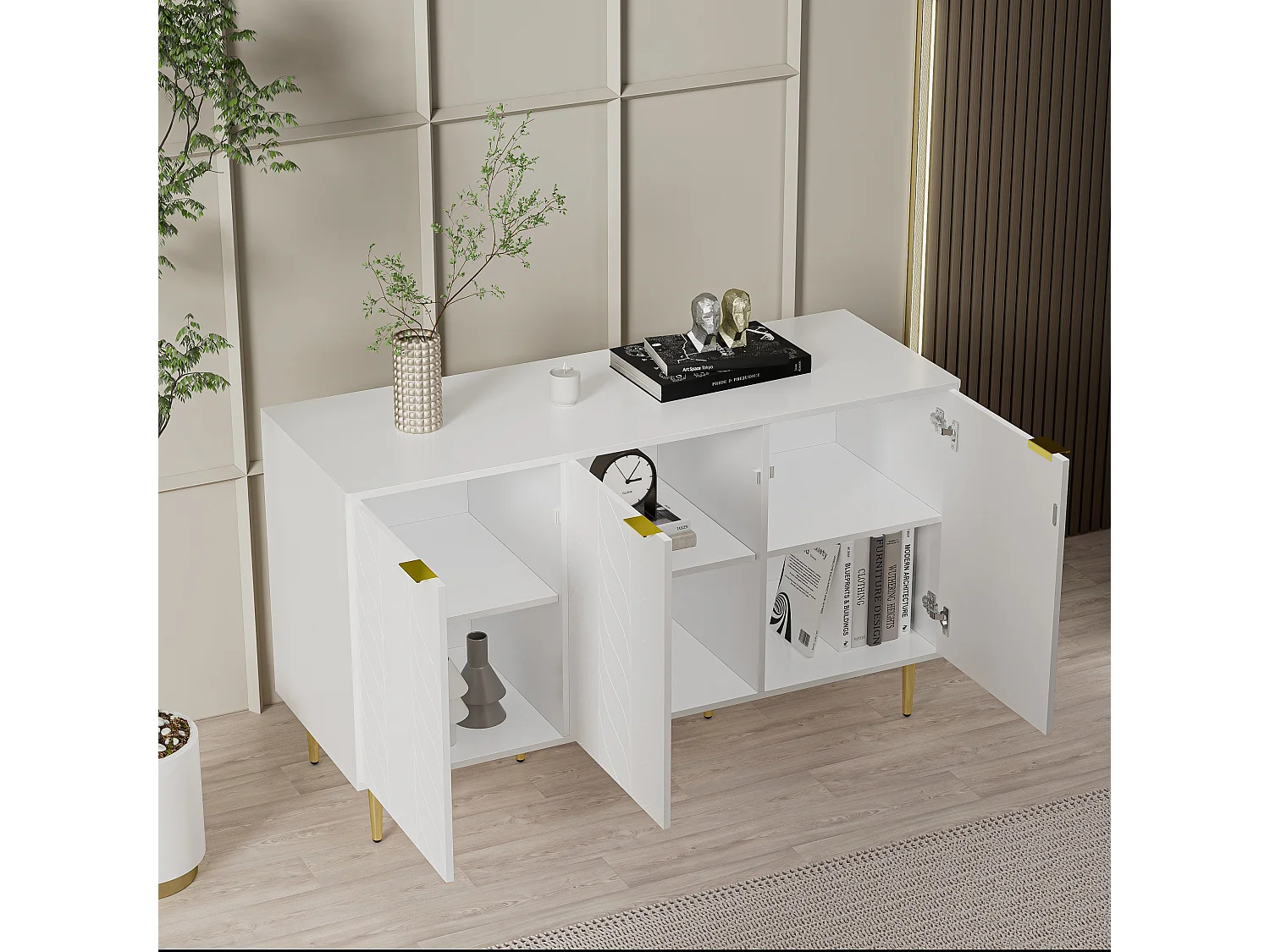 Buffet moderne commode blanc motif floral avec poignées et pieds plaqués d'or laqué, rangement 2 niveaux et 6 compartiments 127L*45P*75H