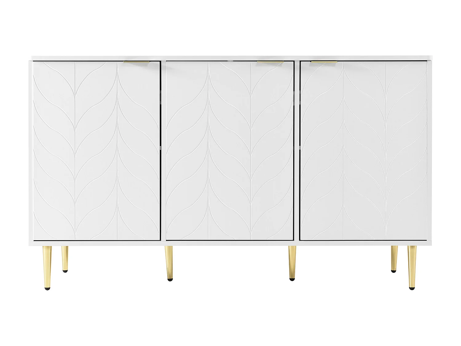 Buffet moderne commode blanc motif floral avec poignées et pieds plaqués d'or laqué, rangement 2 niveaux et 6 compartiments 127L*45P*75H