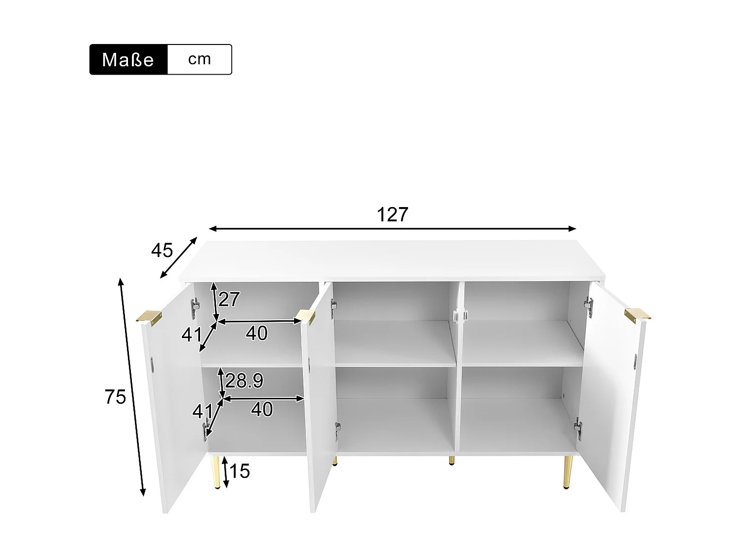 Buffet moderne commode blanc motif floral avec poignées et pieds plaqués d'or laqué, rangement 2 niveaux et 6 compartiments 127L*45P*75H