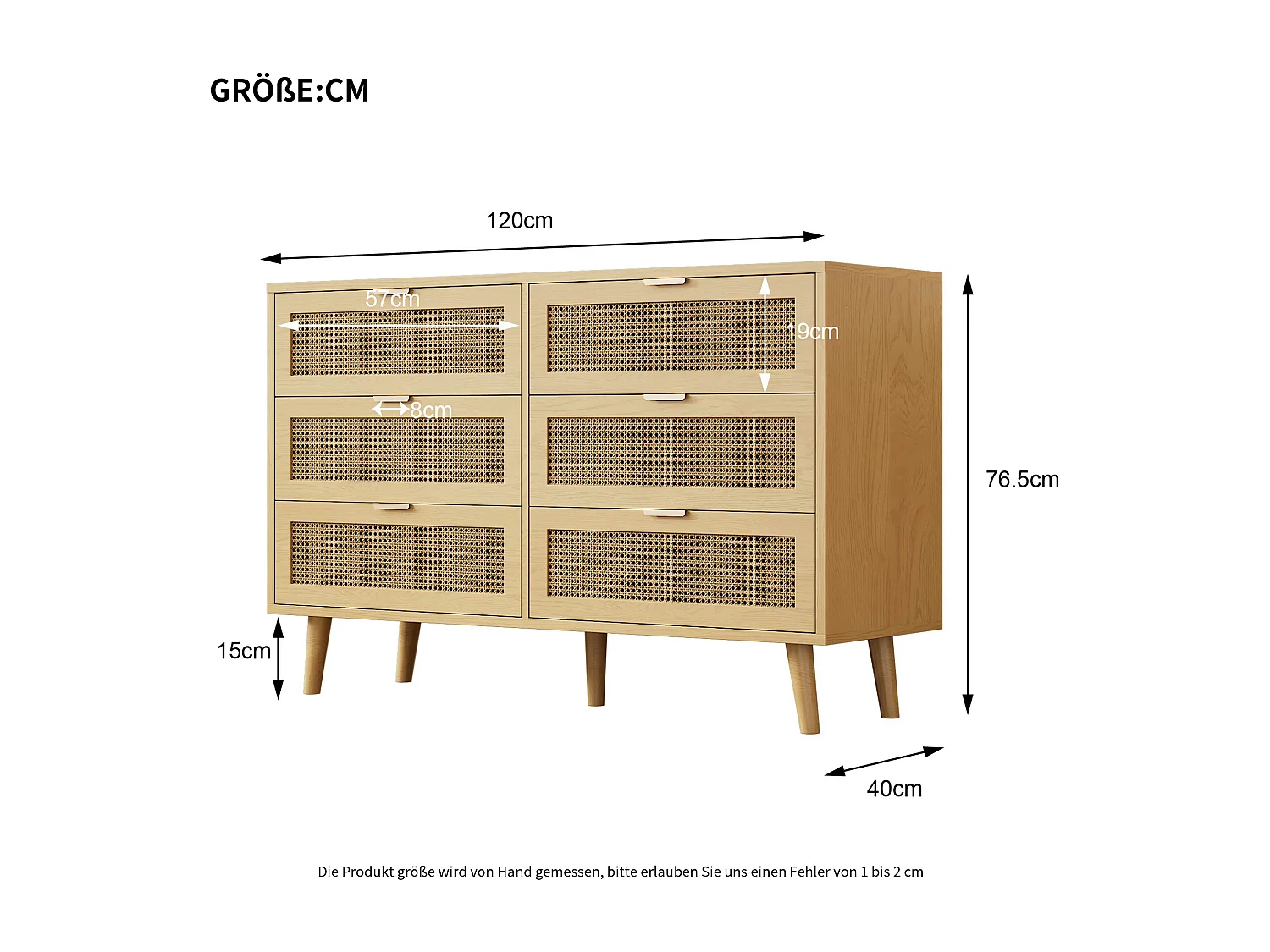 Buffet effet bois et en rotin à 6 tiroirs L120/H76,5/P40 cm