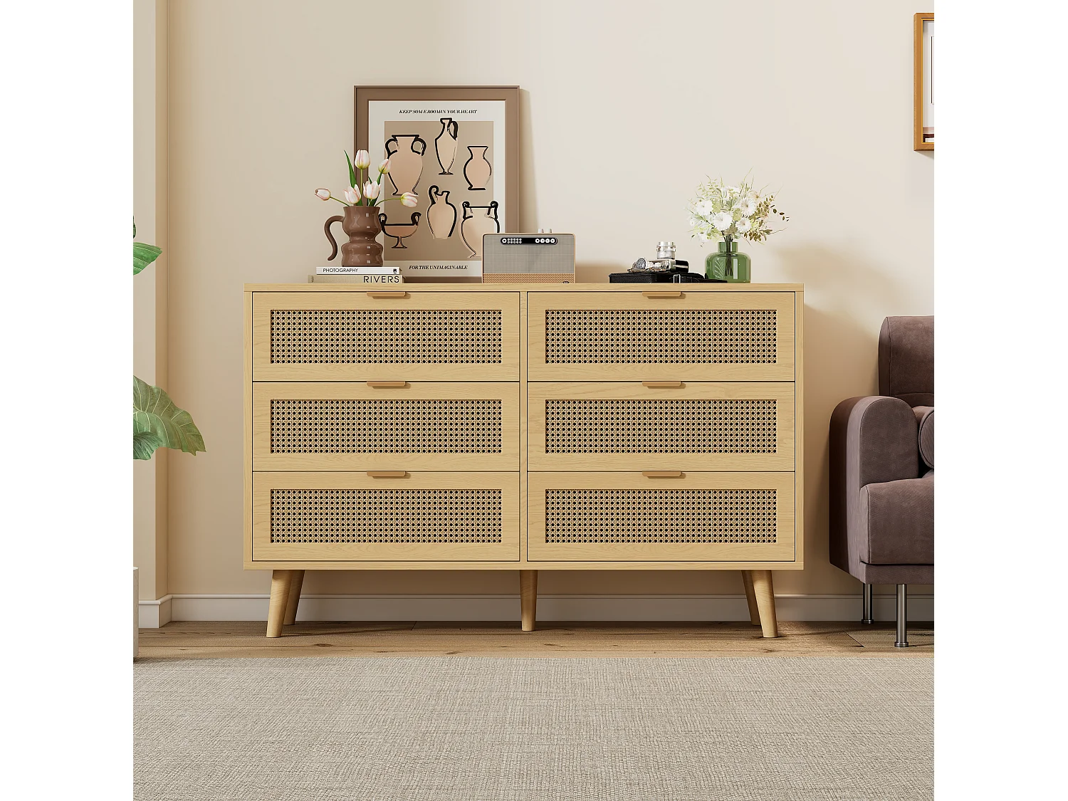 Buffet effet bois et en rotin à 6 tiroirs L120/H76,5/P40 cm