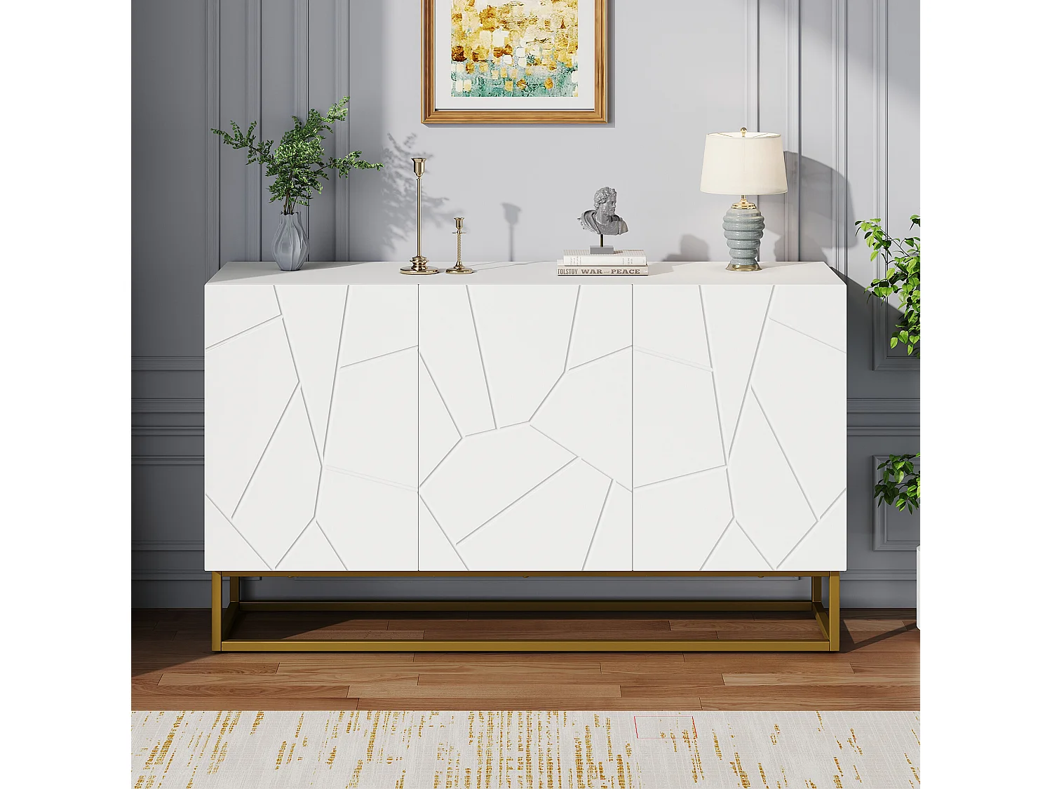 URBAN MEUBLE Buffet contemporain blanc motif texturé accent doré