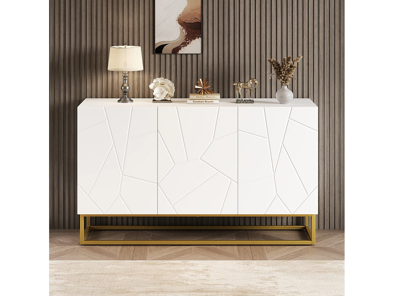 URBAN MEUBLE Buffet contemporain blanc motif texturé accent doré