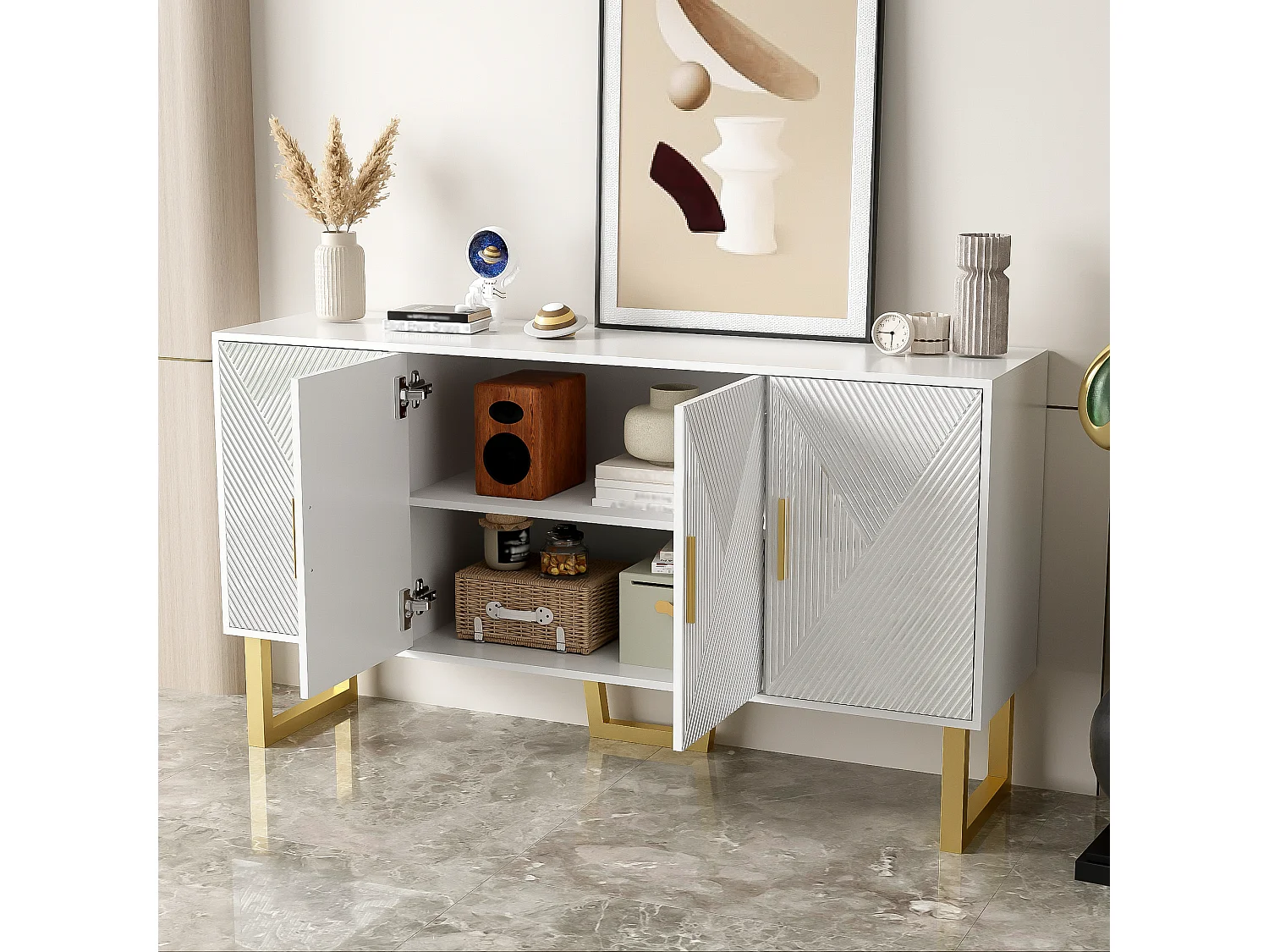URBAN MEUBLE Buffet luxe blanc laqué portes texturées et accents dorées