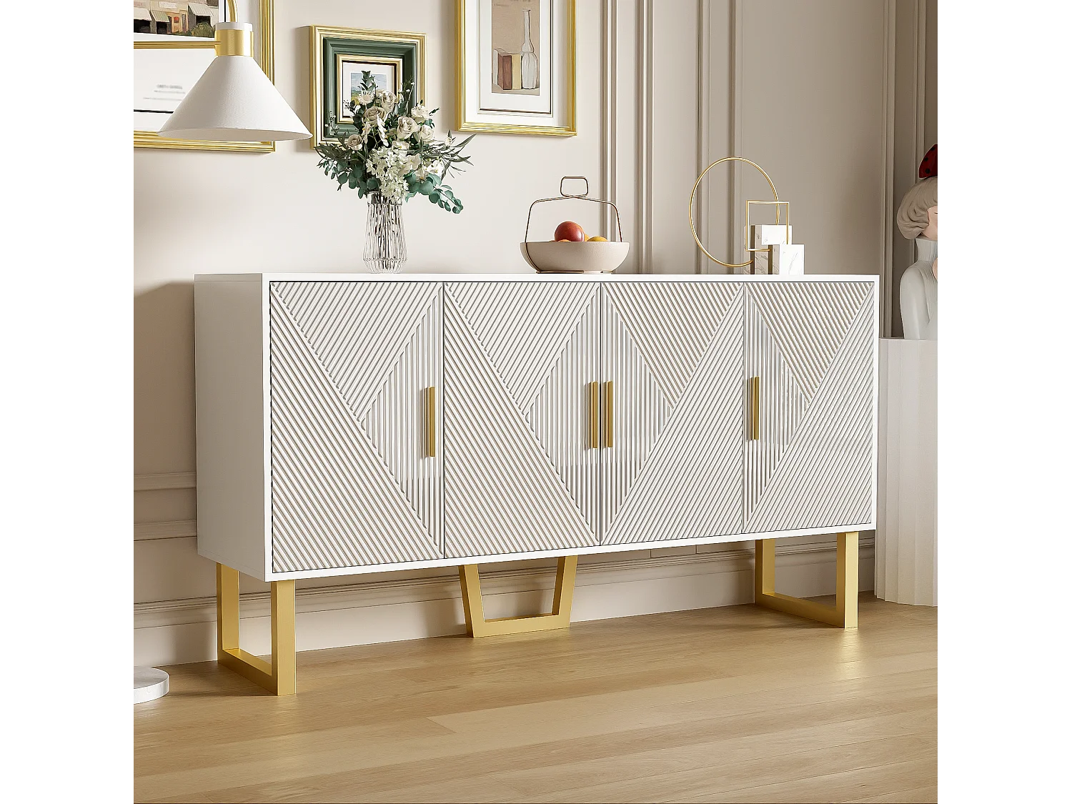 URBAN MEUBLE Buffet luxe blanc laqué portes texturées et accents dorées