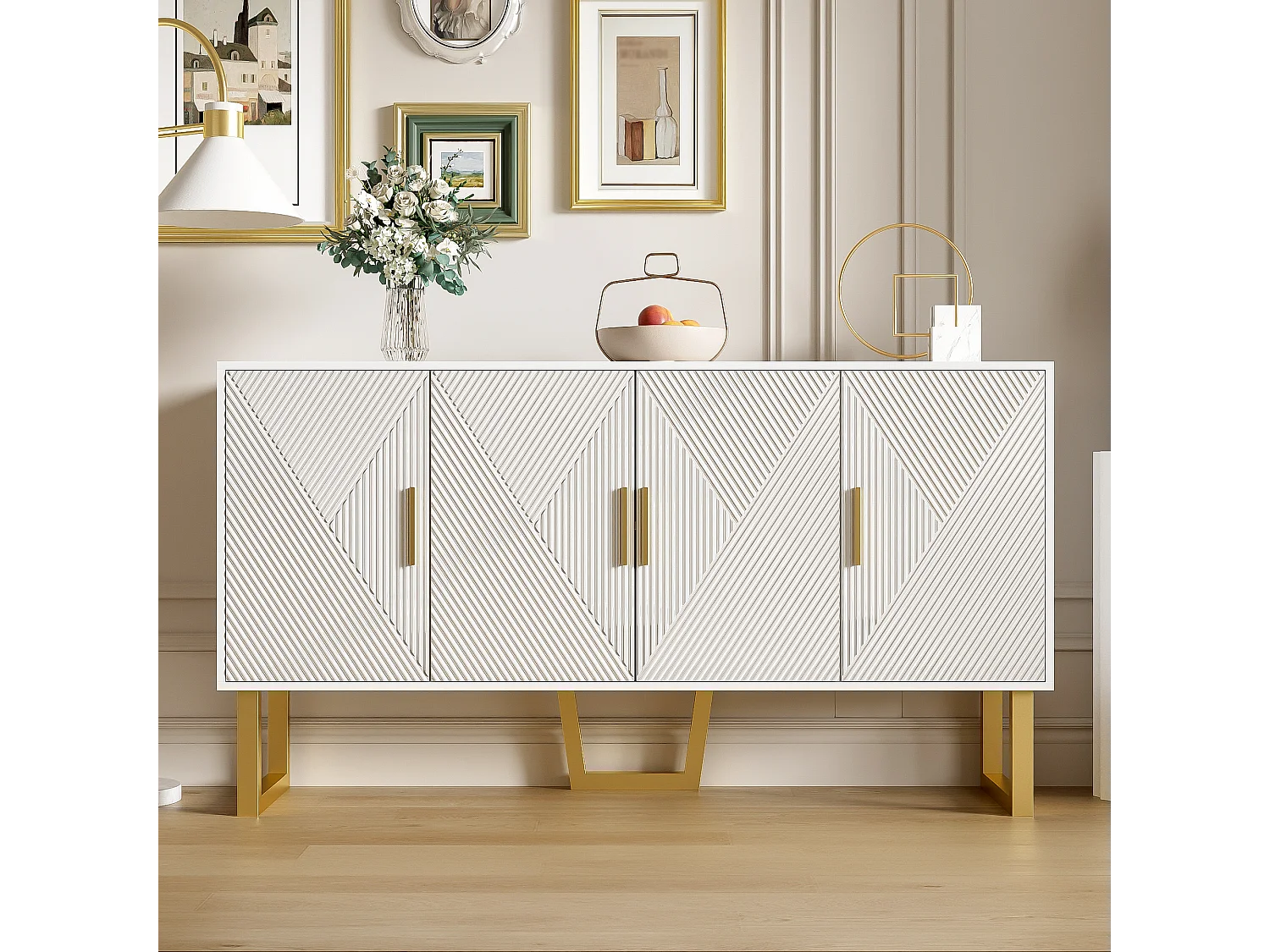 URBAN MEUBLE Buffet luxe blanc laqué portes texturées et accents dorées