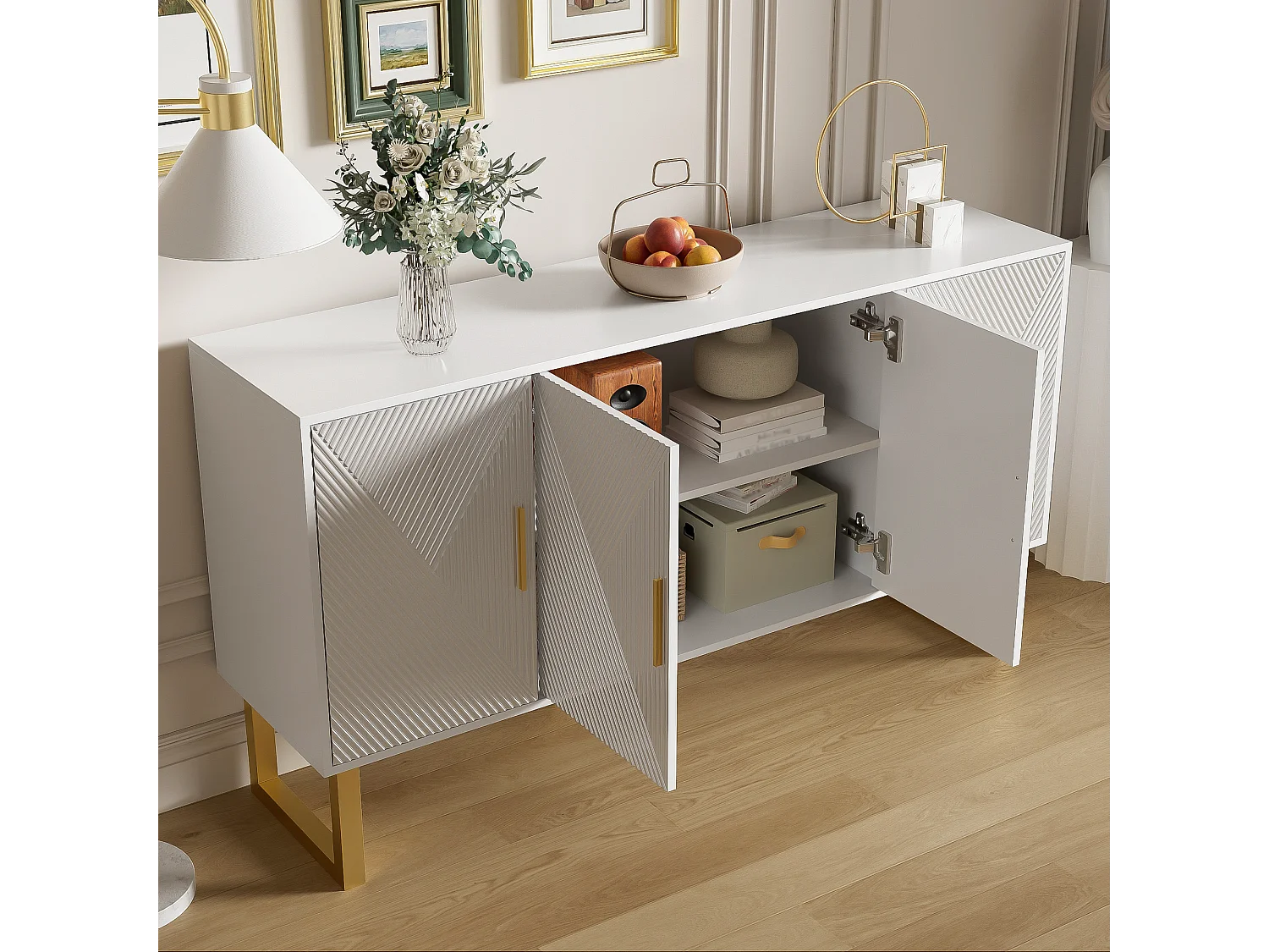 URBAN MEUBLE Buffet luxe blanc laqué portes texturées et accents dorées