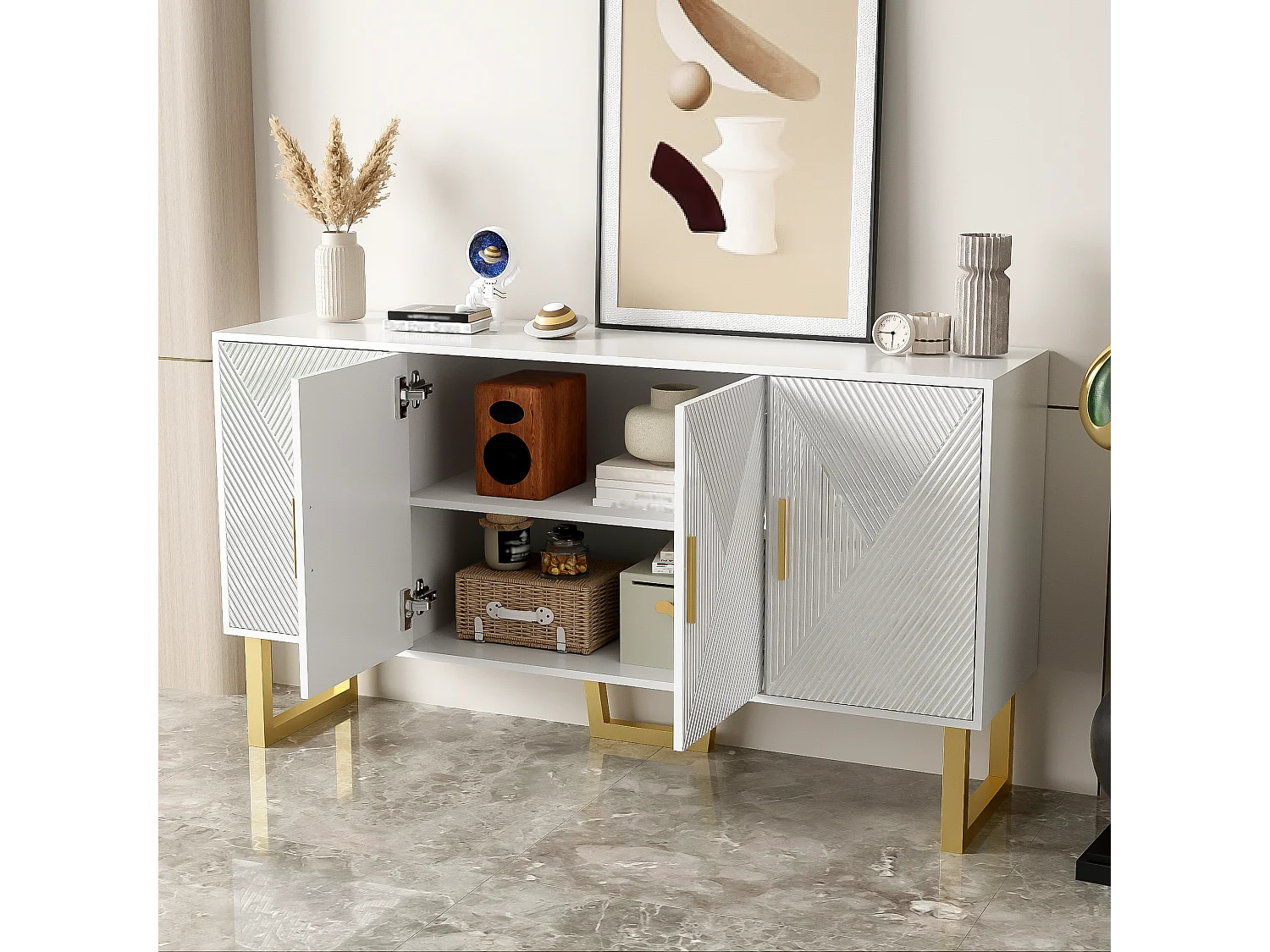 URBAN MEUBLE Buffet luxe blanc laqué portes texturées et accents dorées