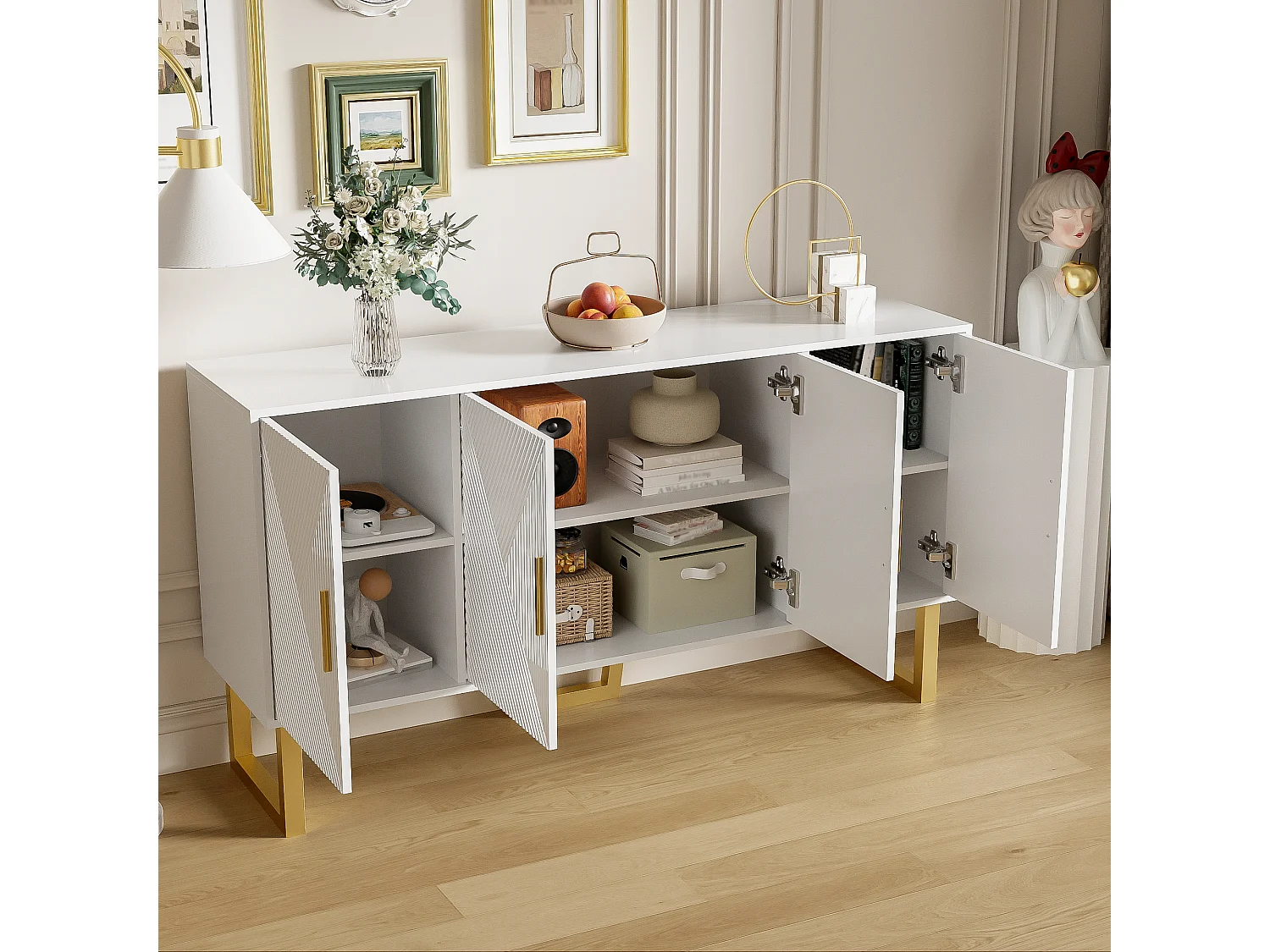 URBAN MEUBLE Buffet luxe blanc laqué portes texturées et accents dorées