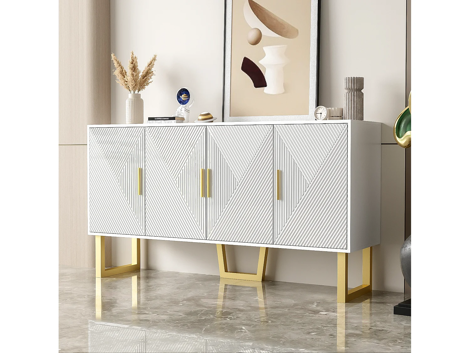 URBAN MEUBLE Buffet luxe blanc laqué portes texturées et accents dorées
